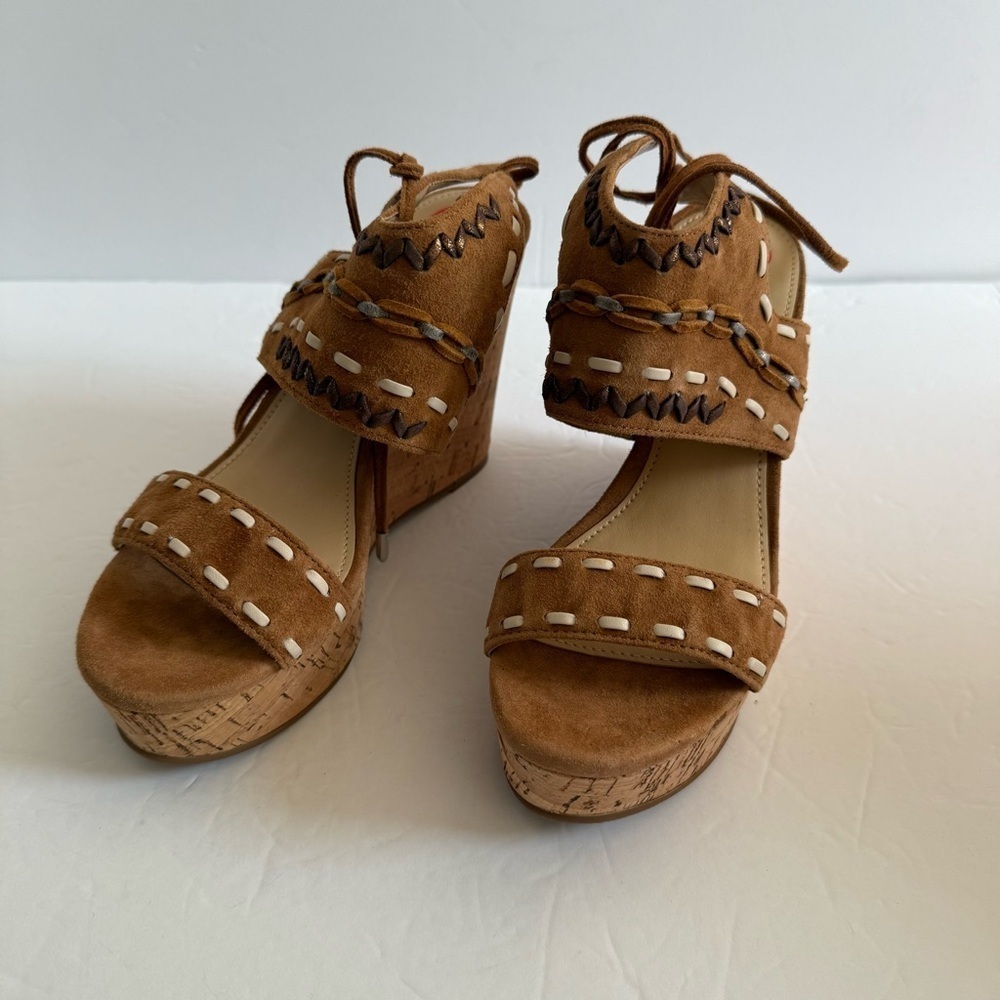 Boho Brown Tan Wedge Cork Platform Heel Sandals Ankle Strap Women Size 6
